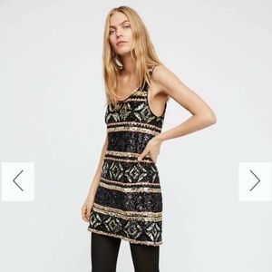 Free People Sequin Black Gold Party Swing/Trapeze/Shift Mini Dress- Size Small